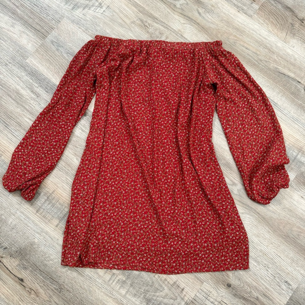 THE HANGER off the shoulder red floral mini summer dress
